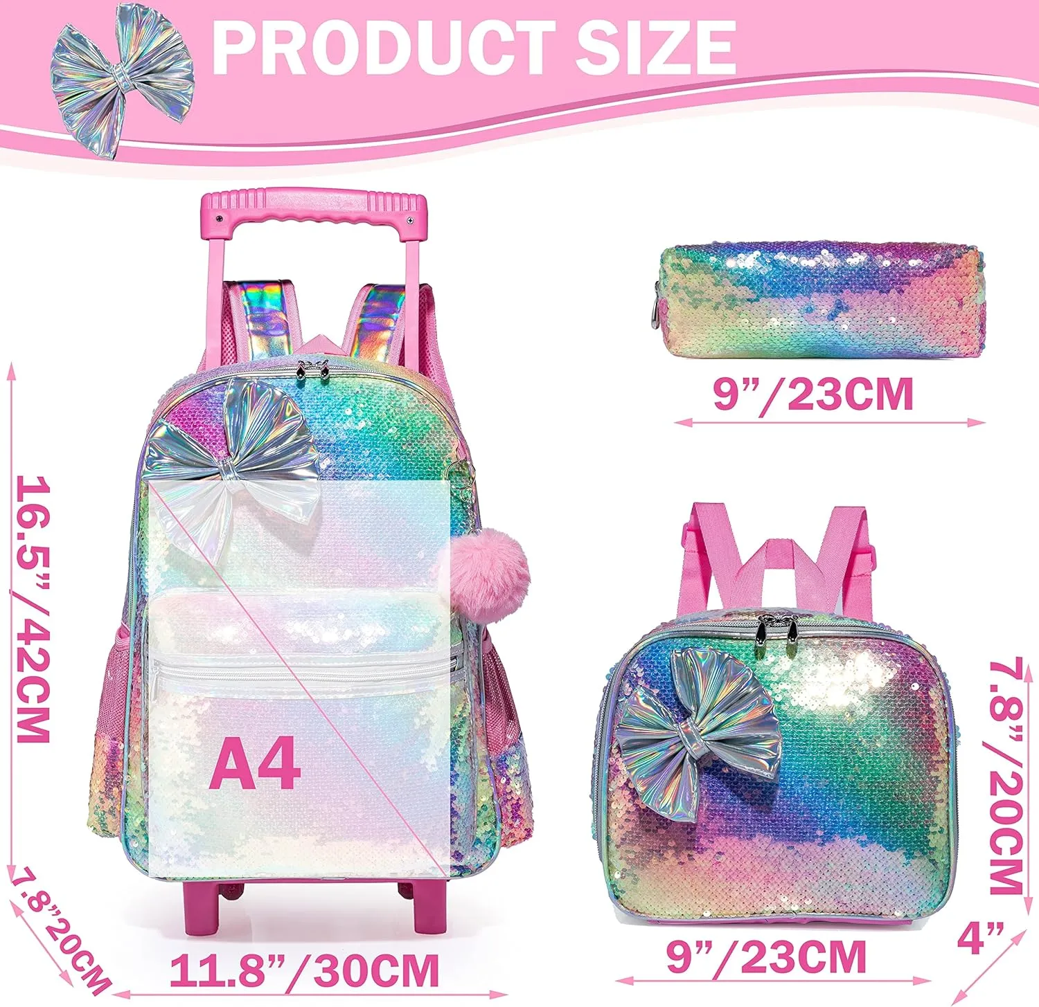 Bowknot Rolling Backpack for Girls Roller Backpacks with Wheels Kids Wheeled Sequin Suitcase Trolley Trip Luggage for Elementary Kindergarten Student with Lunch Box Pencil Case for Kids 5-12 Years Old