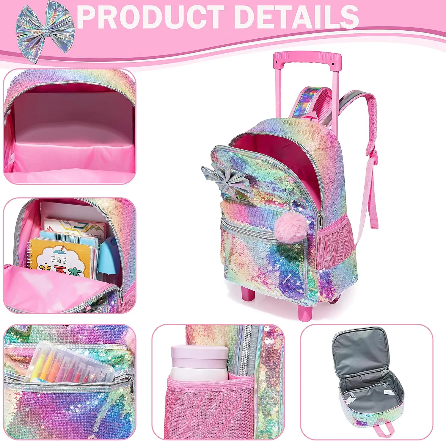Bowknot Rolling Backpack for Girls Roller Backpacks with Wheels Kids Wheeled Sequin Suitcase Trolley Trip Luggage for Elementary Kindergarten Student with Lunch Box Pencil Case for Kids 5-12 Years Old