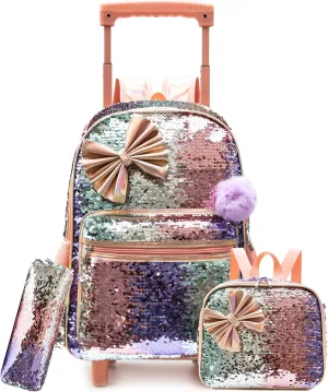 Bowknot Rolling Backpack for Girls Roller Backpacks with Wheels Kids Wheeled Sequin Suitcase Trolley Trip Luggage for Elementary School Student with Lunch Box Pencil Case for Kids 5-12 Years Old