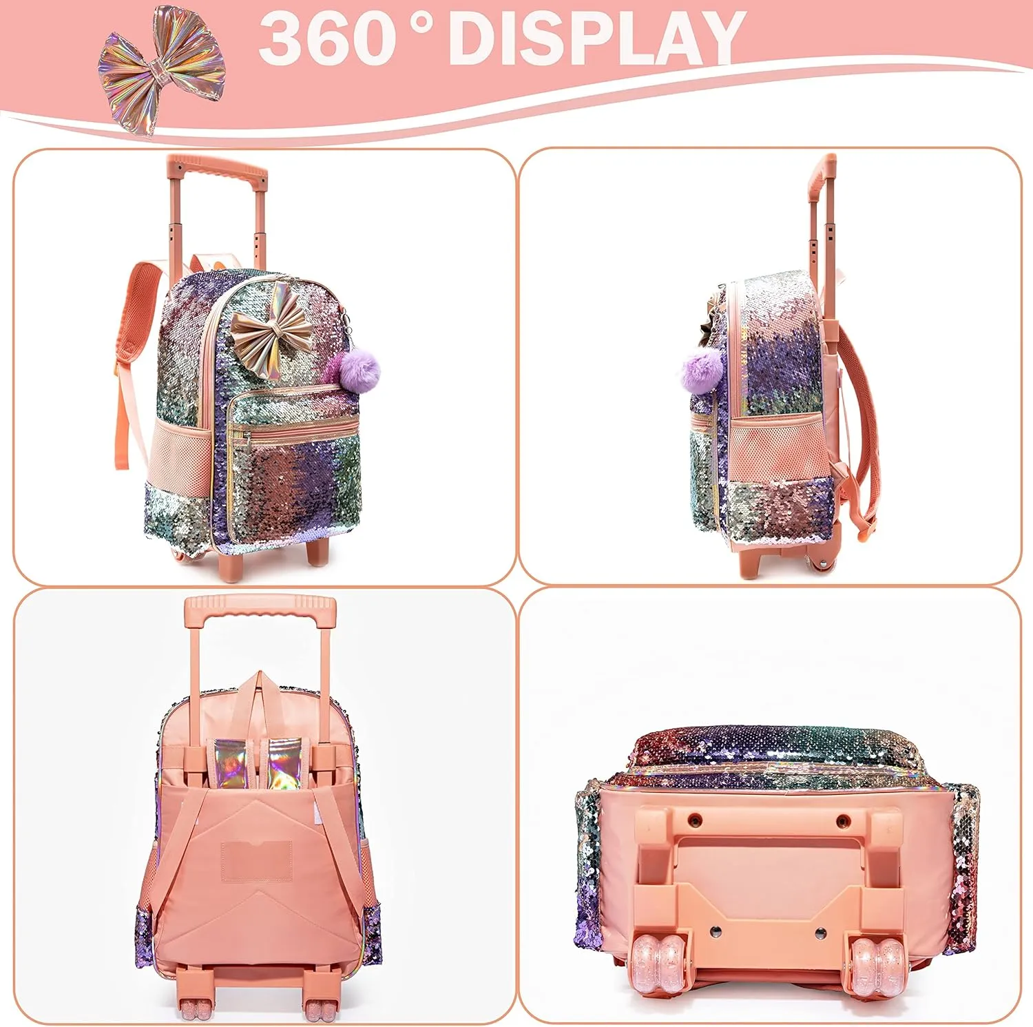 Bowknot Rolling Backpack for Girls Roller Backpacks with Wheels Kids Wheeled Sequin Suitcase Trolley Trip Luggage for Elementary School Student with Lunch Box Pencil Case for Kids 5-12 Years Old