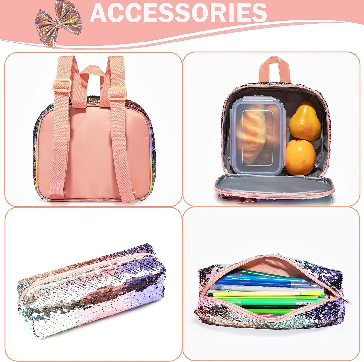 Bowknot Rolling Backpack for Girls Roller Backpacks with Wheels Kids Wheeled Sequin Suitcase Trolley Trip Luggage for Elementary School Student with Lunch Box Pencil Case for Kids 5-12 Years Old