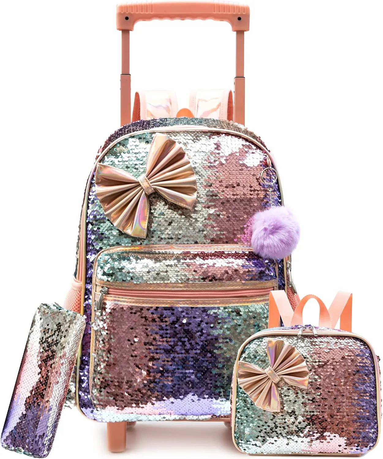 Bowknot Rolling Backpack for Girls Roller Backpacks with Wheels Kids Wheeled Sequin Suitcase Trolley Trip Luggage for Elementary School Student with Lunch Box Pencil Case for Kids 5-12 Years Old