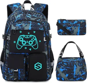 Boys Backpack, Cool Luminous School Backpacks for Boys with Lunch Bag Pencil Case, Kids Backpack Kindergarten Elementary Middle School Book Bags for Teen Boy Children with USB Charging Port
