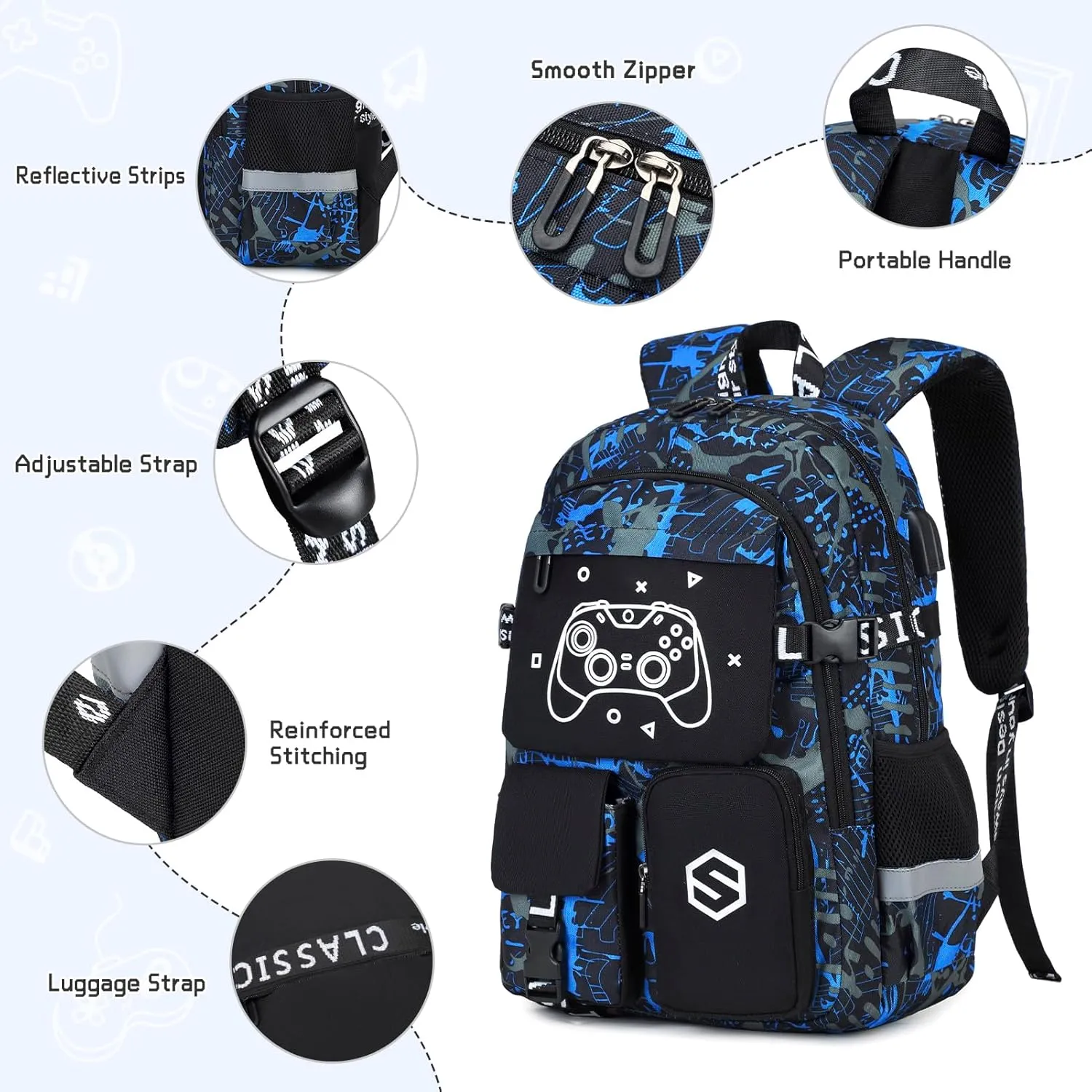 Boys Backpack, Cool Luminous School Backpacks for Boys with Lunch Bag Pencil Case, Kids Backpack Kindergarten Elementary Middle School Book Bags for Teen Boy Children with USB Charging Port