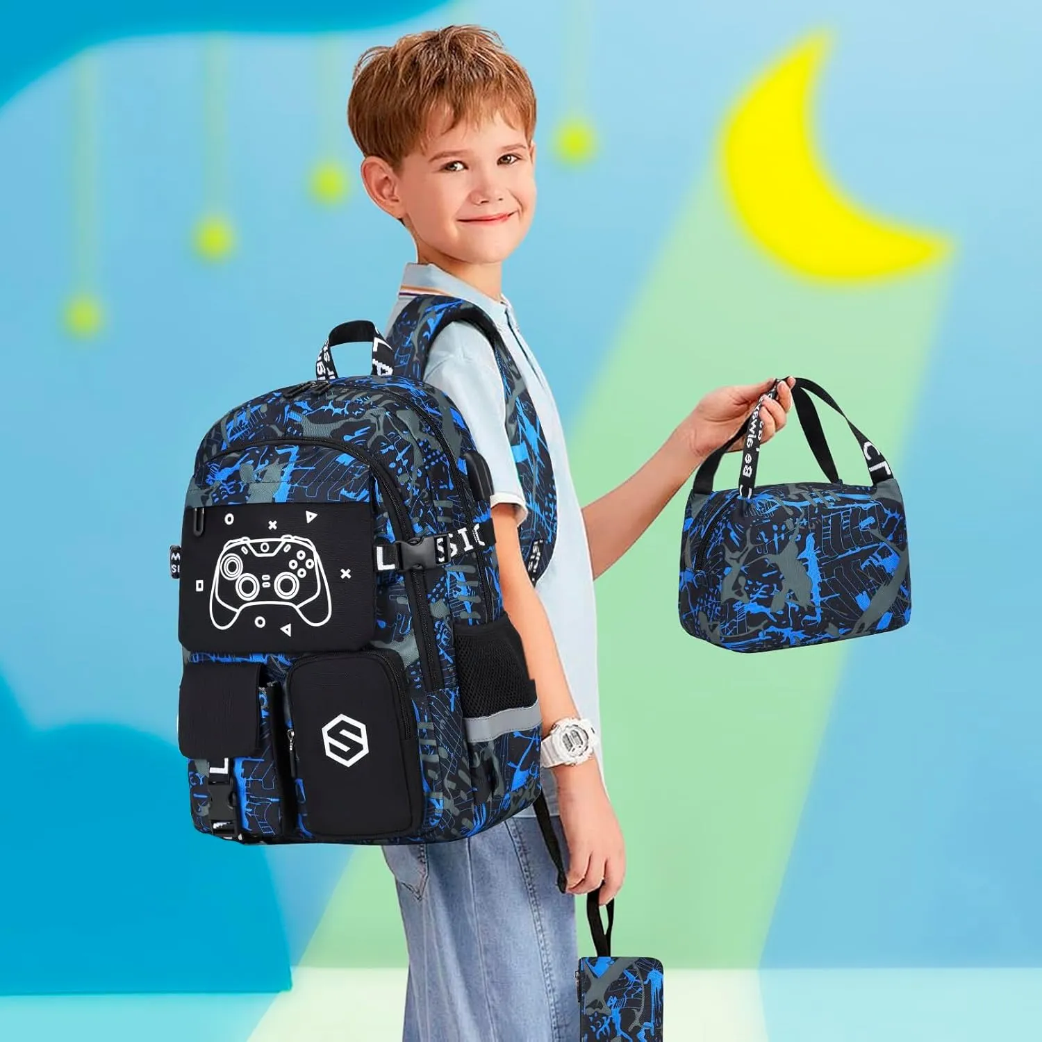 Boys Backpack, Cool Luminous School Backpacks for Boys with Lunch Bag Pencil Case, Kids Backpack Kindergarten Elementary Middle School Book Bags for Teen Boy Children with USB Charging Port