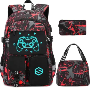 Boys Backpack, Cool Luminous School Backpacks for Boys with Lunch Bag Pencil Case, Kids Backpack Kindergarten Elementary Middle School Book Bags for Teen Boys Children with USB Charging Port