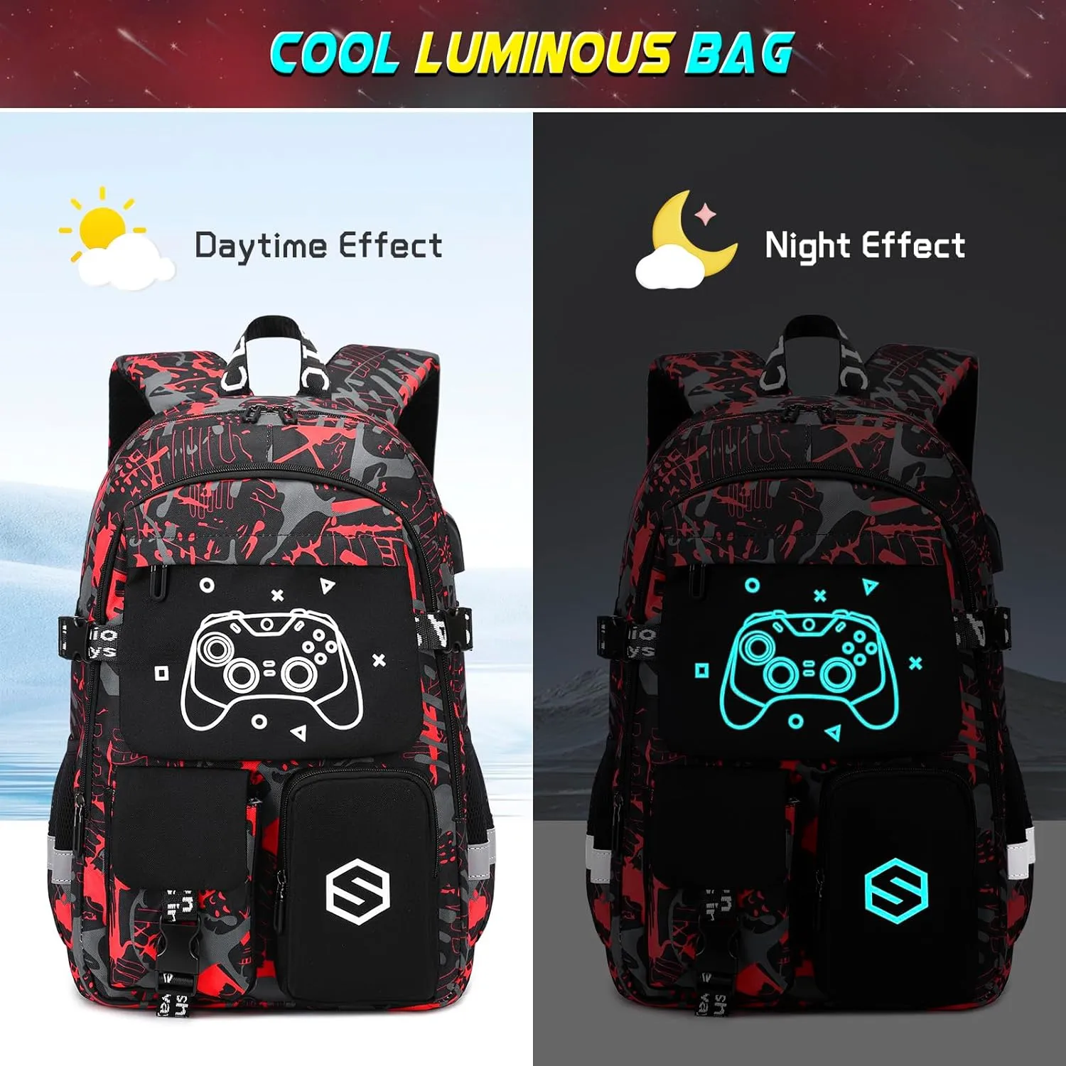 Boys Backpack, Cool Luminous School Backpacks for Boys with Lunch Bag Pencil Case, Kids Backpack Kindergarten Elementary Middle School Book Bags for Teen Boys Children with USB Charging Port