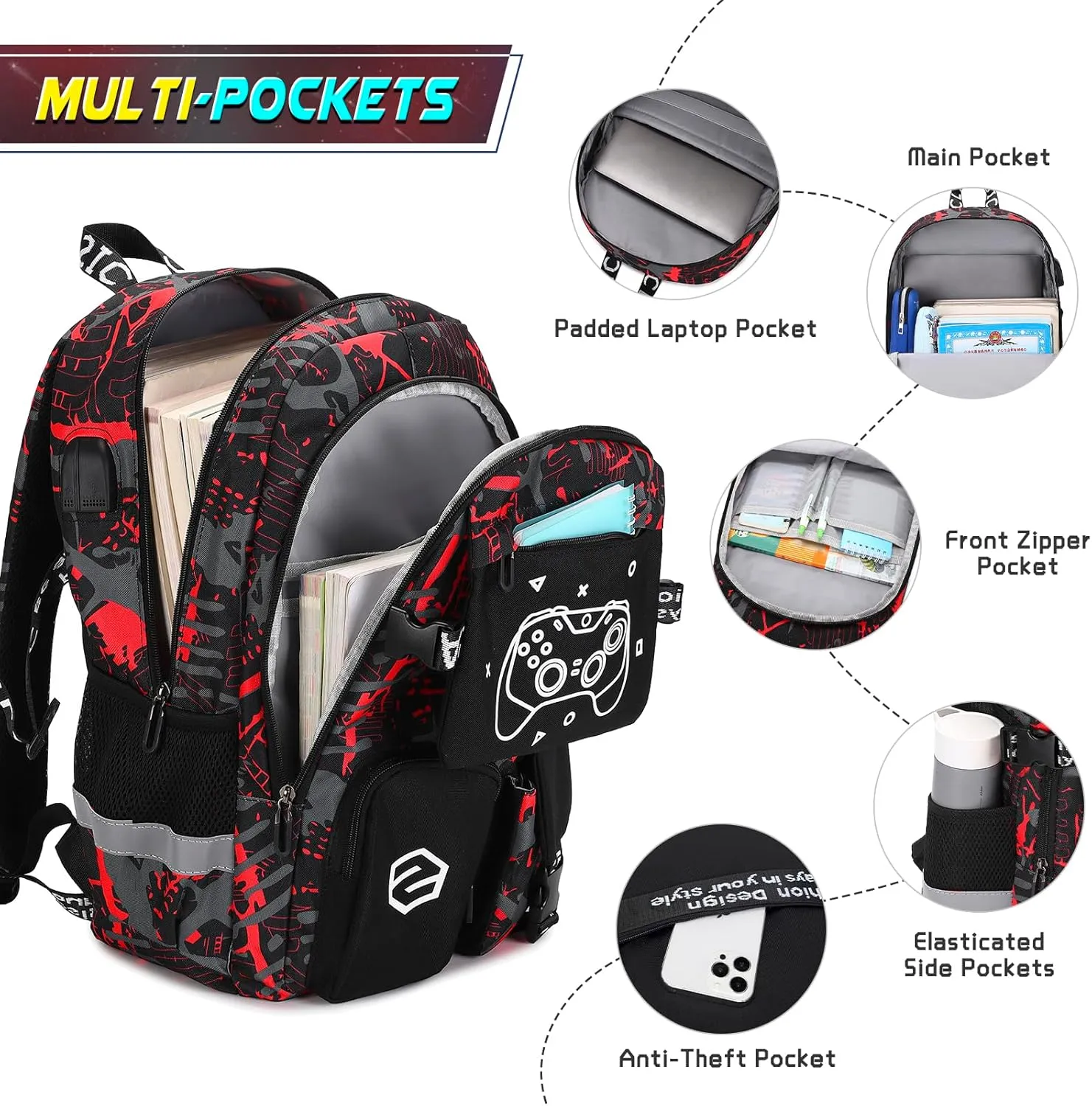Boys Backpack, Cool Luminous School Backpacks for Boys with Lunch Bag Pencil Case, Kids Backpack Kindergarten Elementary Middle School Book Bags for Teen Boys Children with USB Charging Port