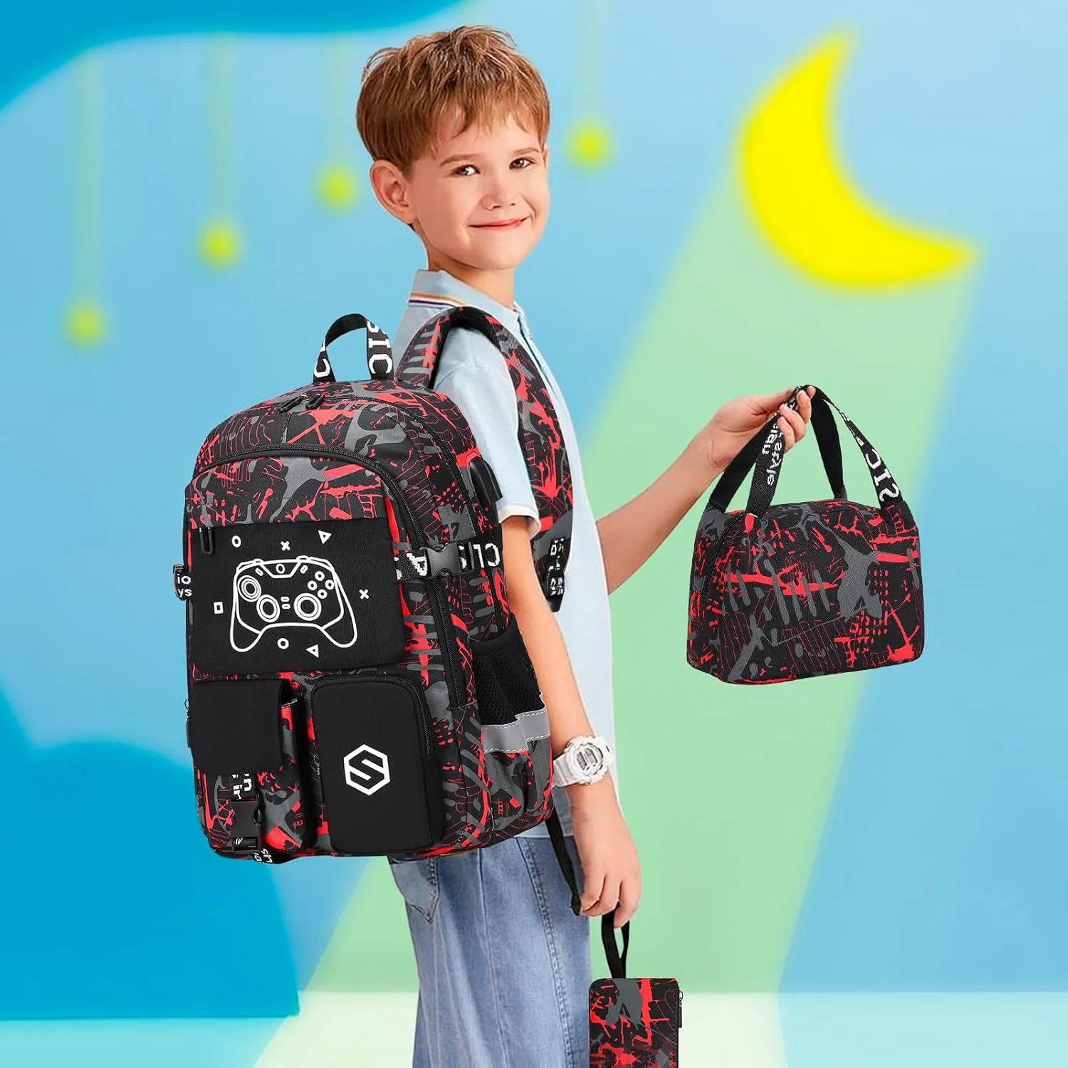 Boys Backpack, Cool Luminous School Backpacks for Boys with Lunch Bag Pencil Case, Kids Backpack Kindergarten Elementary Middle School Book Bags for Teen Boys Children with USB Charging Port