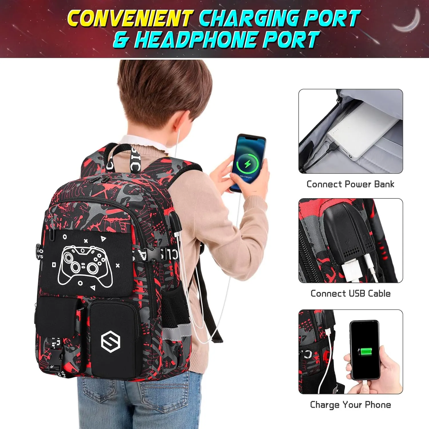 Boys Backpack, Cool Luminous School Backpacks for Boys with Lunch Bag Pencil Case, Kids Backpack Kindergarten Elementary Middle School Book Bags for Teen Boys Children with USB Charging Port