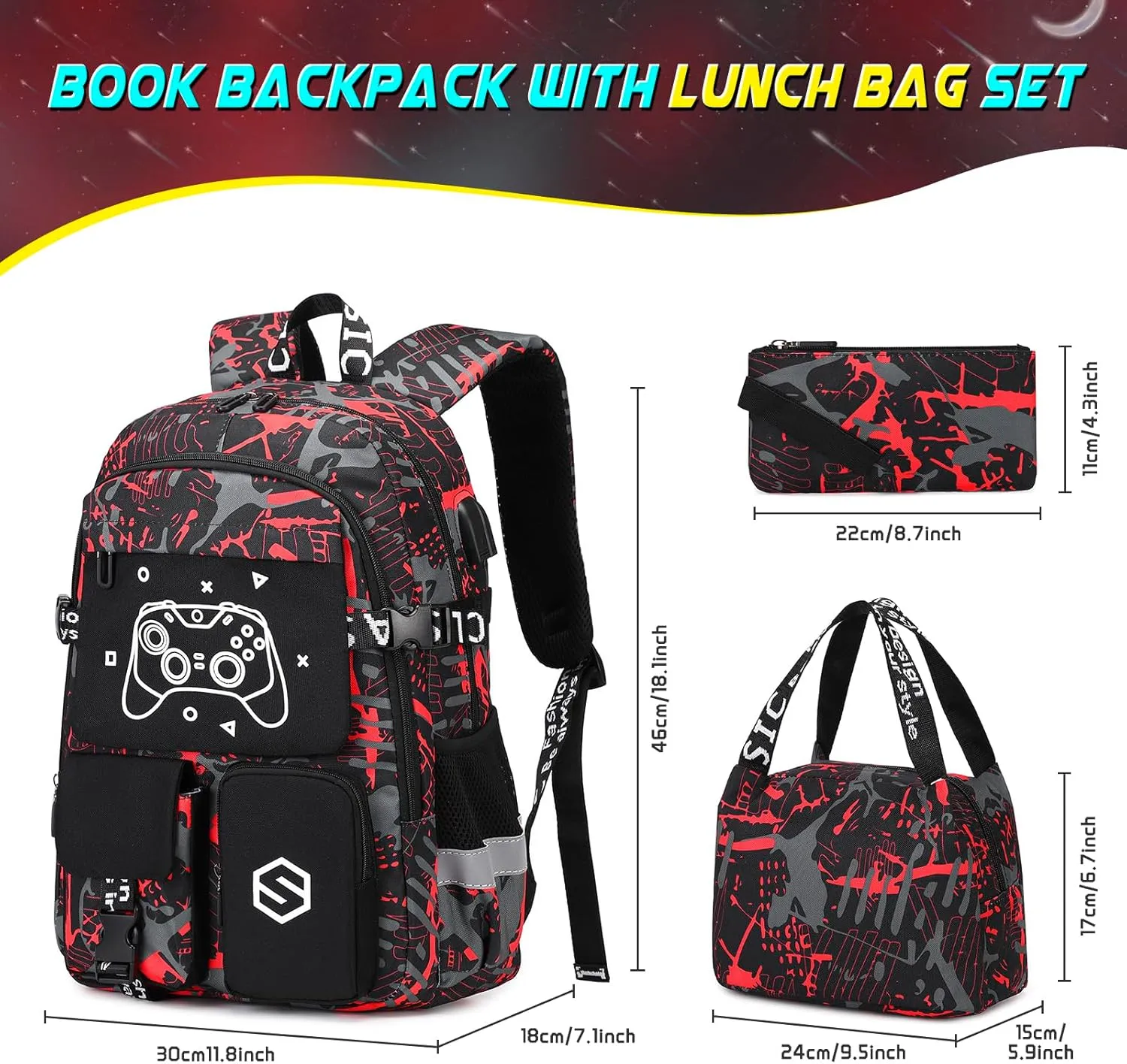 Boys Backpack, Cool Luminous School Backpacks for Boys with Lunch Bag Pencil Case, Kids Backpack Kindergarten Elementary Middle School Book Bags for Teen Boys Children with USB Charging Port