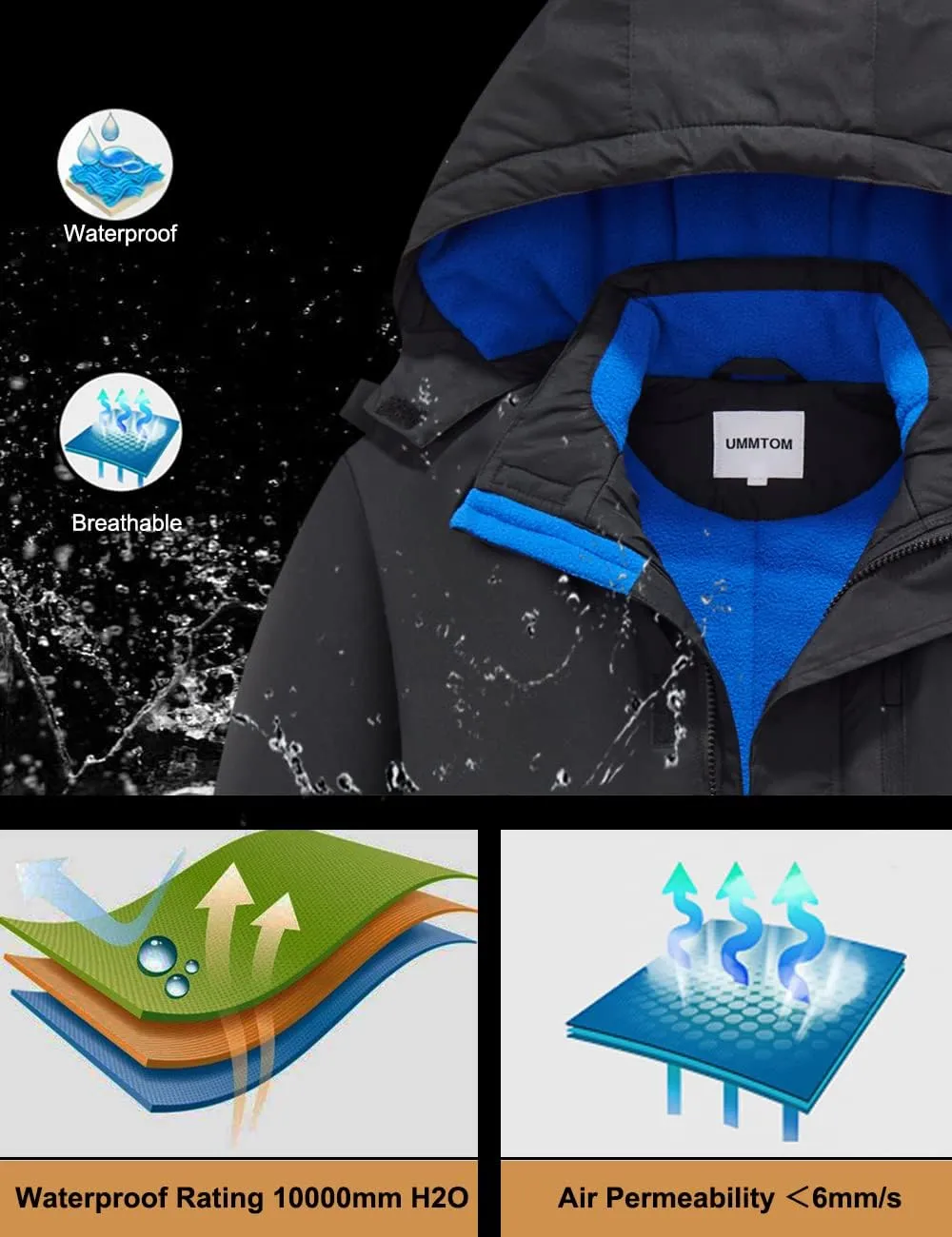 Boys Waterproof Ski Jacket Fleece Lined Warm Winter Snow Coat Hooded Winter Jacket for Kids