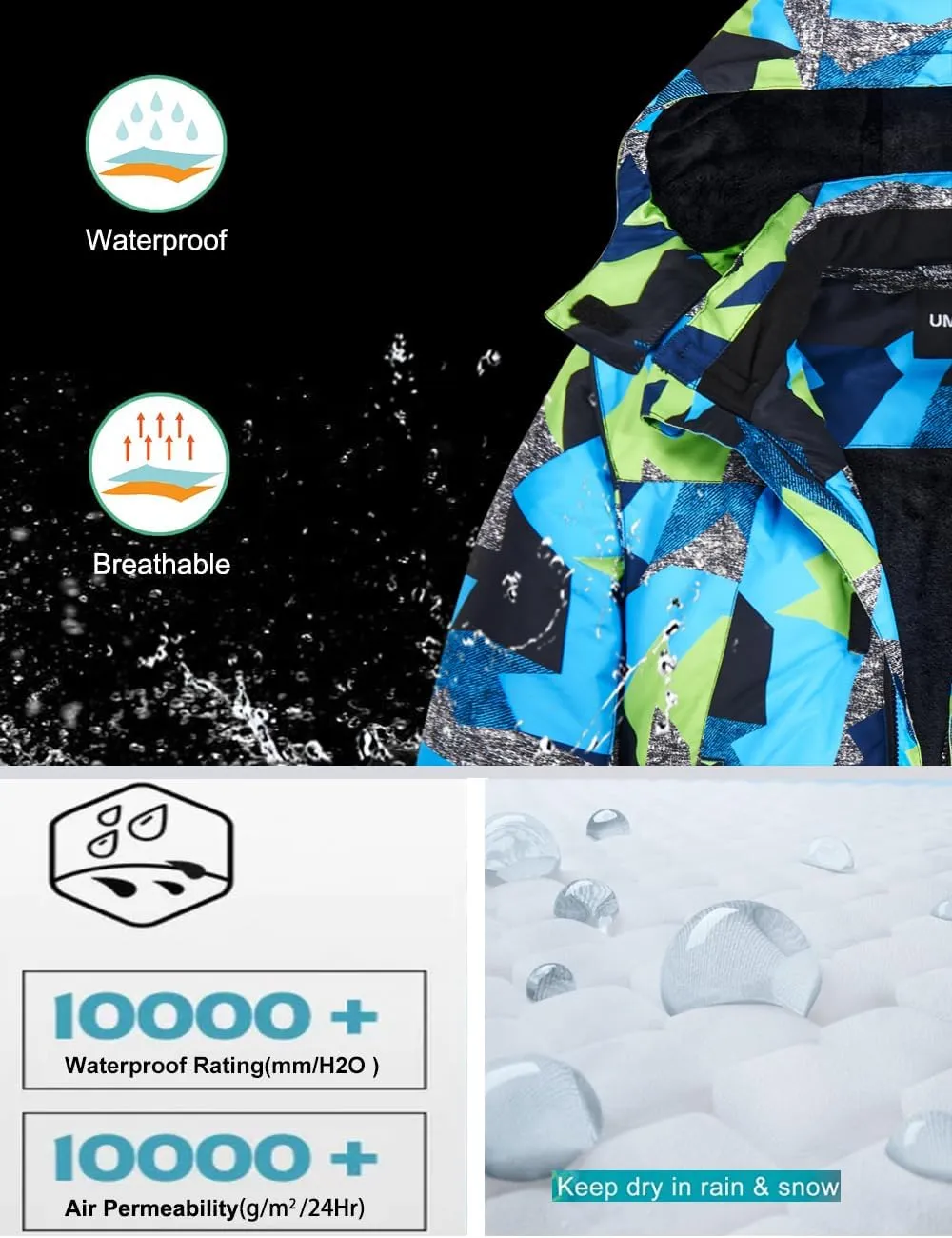 Boys Waterproof Ski Jacket Warm Winter Fleece Snow Coat Kids Outdoor Hooded Snowboard Jacket