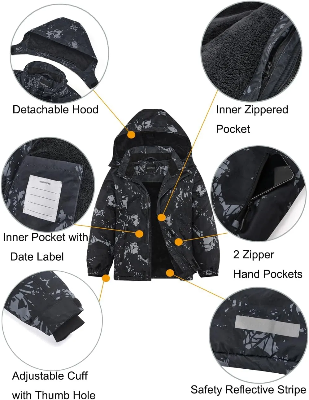 Boys Waterproof Ski Jacket Warm Winter Fleece Snow Coat Kids Outdoor Hooded Snowboard Jacket