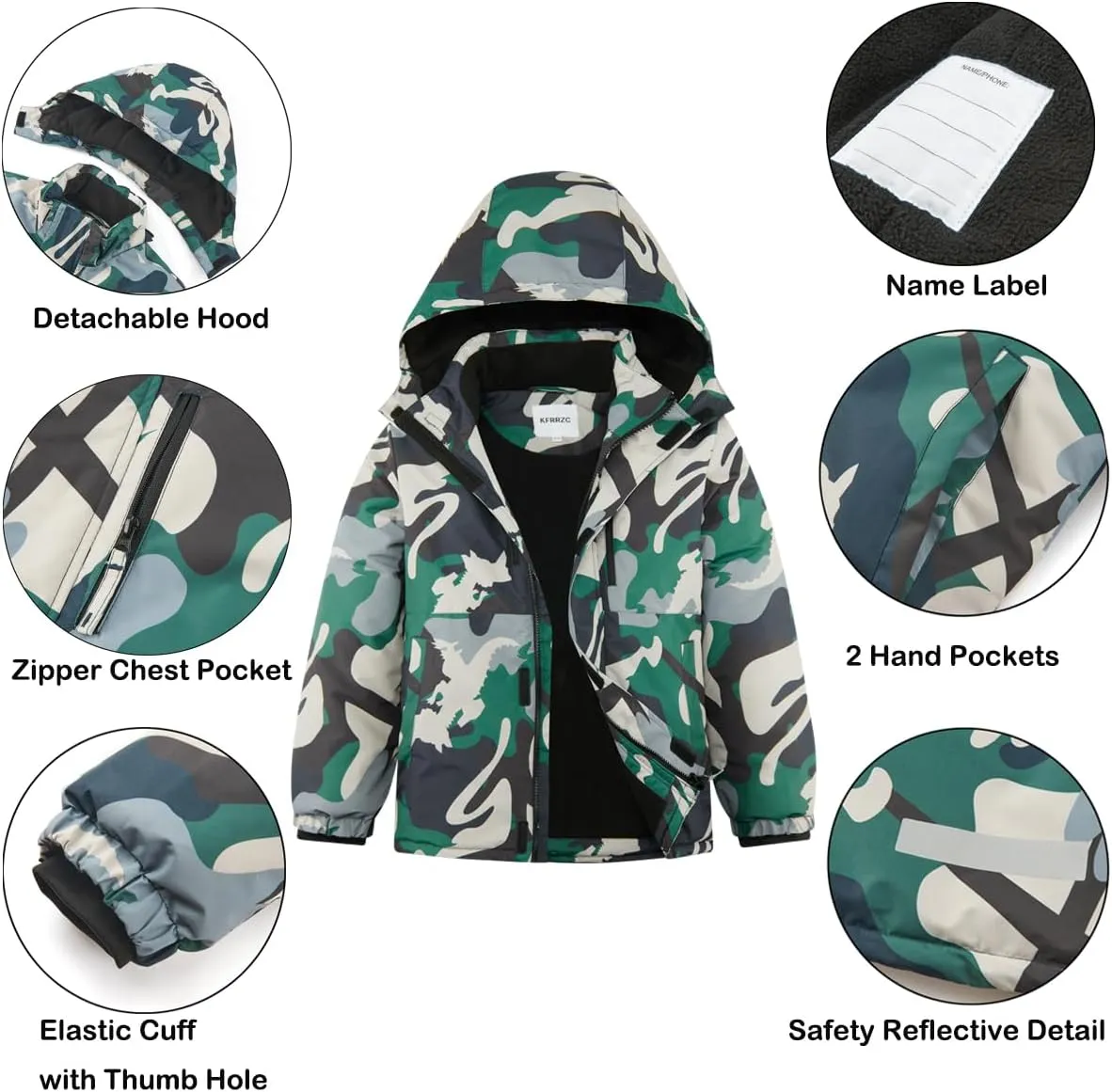Boys Winter Waterproof Ski Jacket Kids Fleece Lined Warm Snow Coat with Detachable Hood