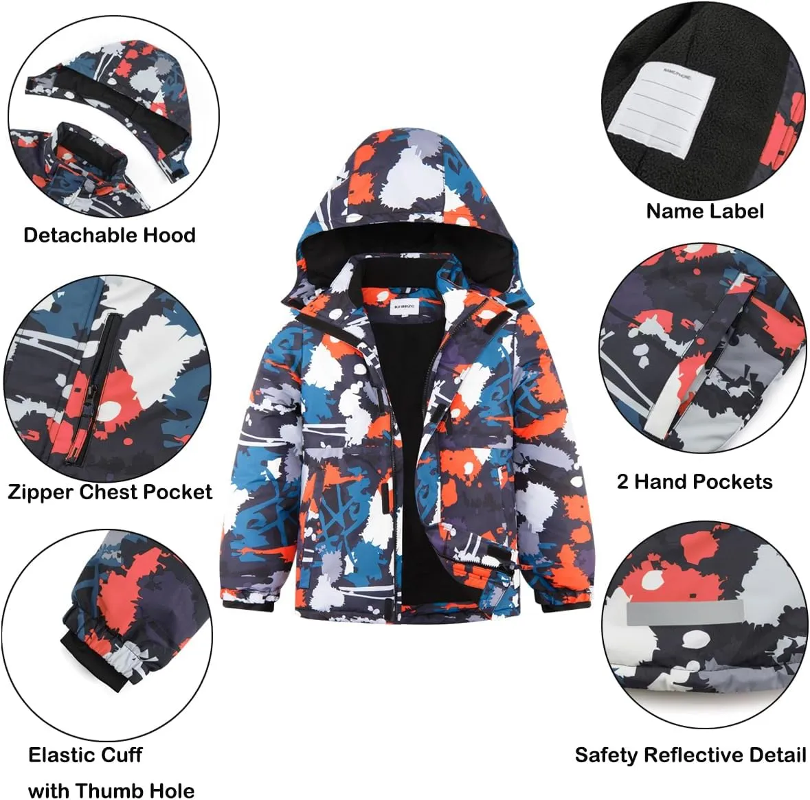 Boys Winter Waterproof Ski Jacket Kids Fleece Lined Warm Snow Coat with Detachable Hood