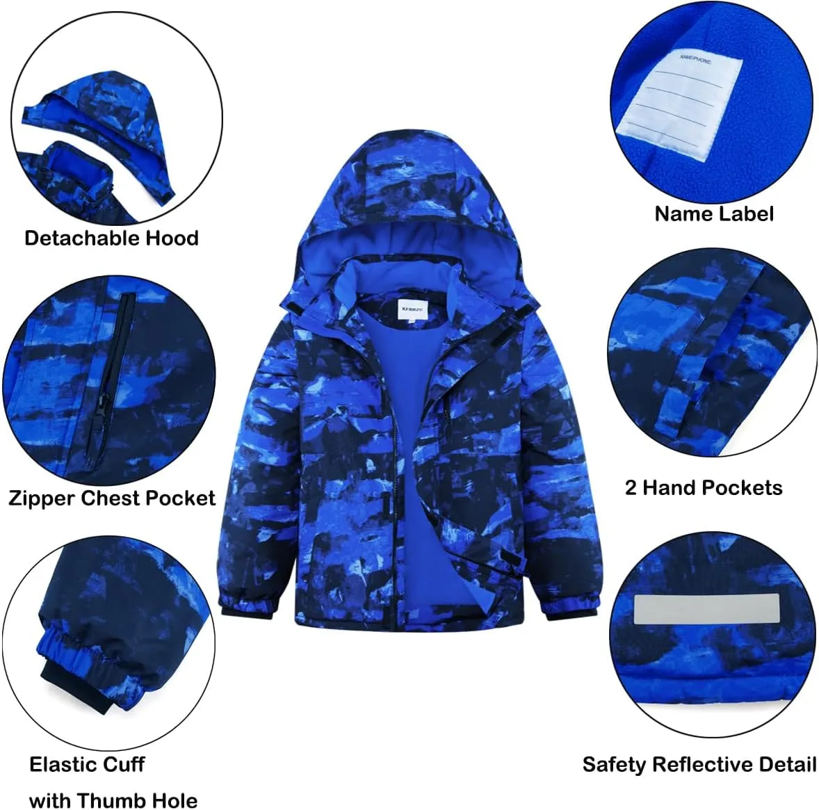 Boys Winter Waterproof Ski Jacket Kids Fleece Lined Warm Snow Coat with Detachable Hood