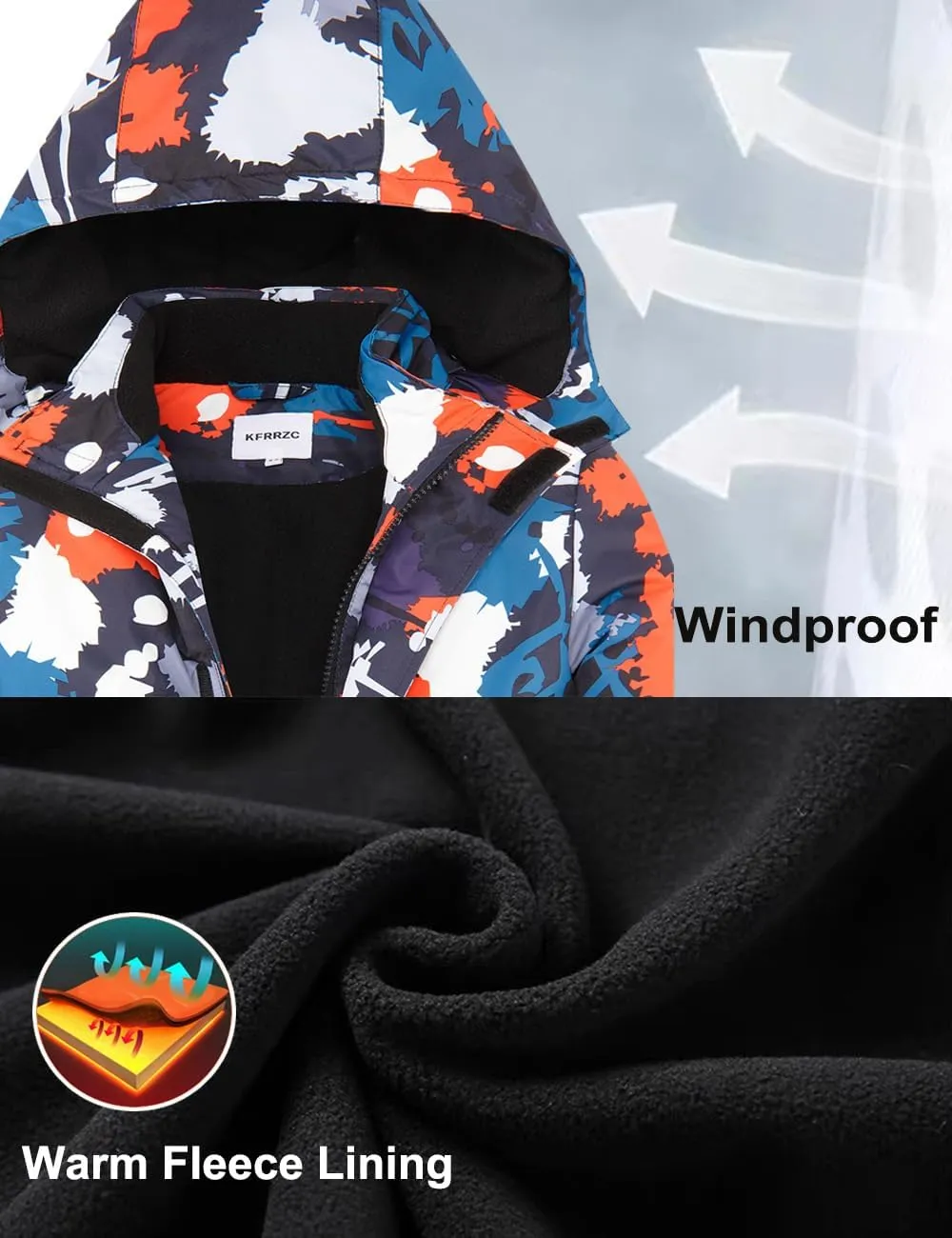 Boys Winter Waterproof Ski Jacket Kids Fleece Lined Warm Snow Coat with Detachable Hood