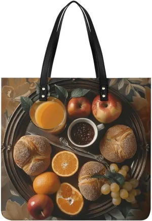 Breakfast Tray Pattern Handbag Leather Tote Shoulder Bag Satchel Handbag with Top Handles Large Casual Handbags with Shoulder Work Bag for Women Travel Purse Dating Gift