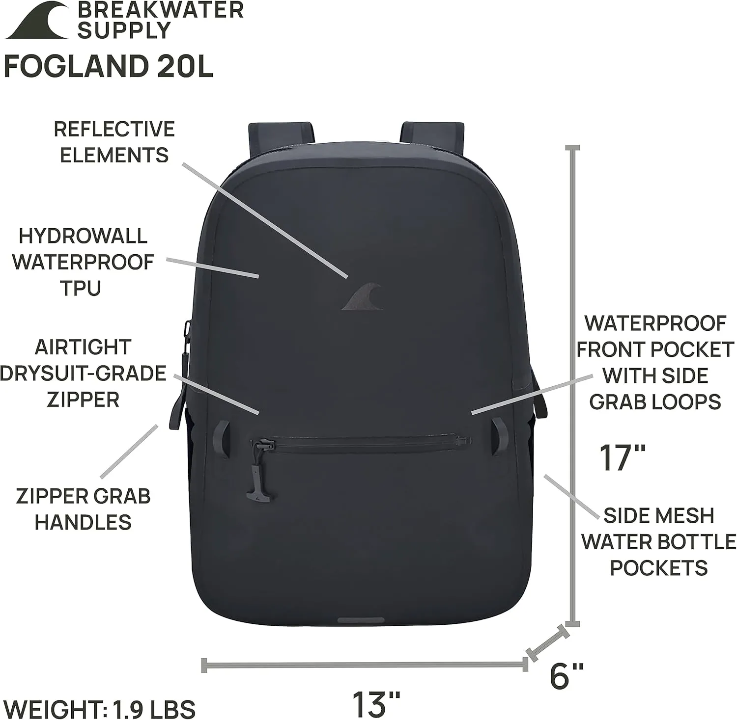 Breakwater Supply™ 100% Waterproof Submersible Backpack, Laptop Bag, Airtight Zippers | Travel Outdoors | Fogland 25L 20L 15L