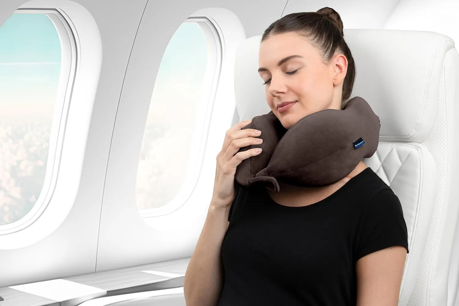 Brookstone Neck Travel Pillow - Lightweight Contoured Memory Foam Stuffable Travel Neck Pillow for Sleeping, Car, & Airplane, Velvet Brown