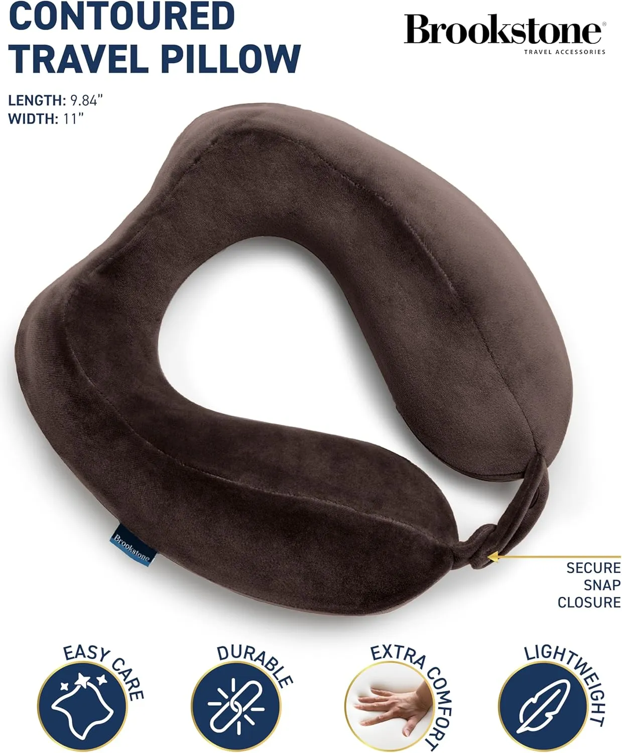 Brookstone Neck Travel Pillow - Lightweight Contoured Memory Foam Stuffable Travel Neck Pillow for Sleeping, Car, & Airplane, Velvet Brown