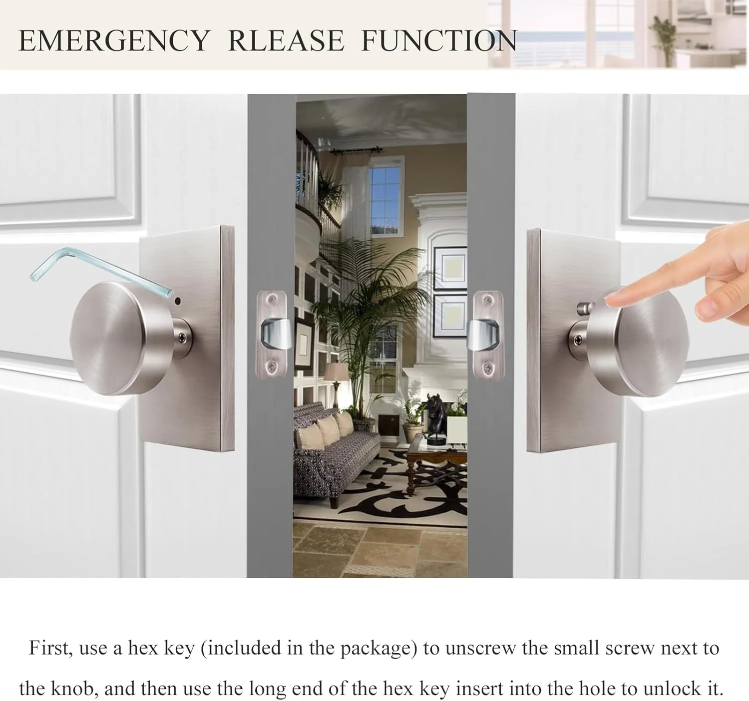 Brushed Nickel Door Knobs Interior with Lock, Modern Privacy Satin Nickel Door Knob Door Handles for Bathroom Bedroom Rectangle