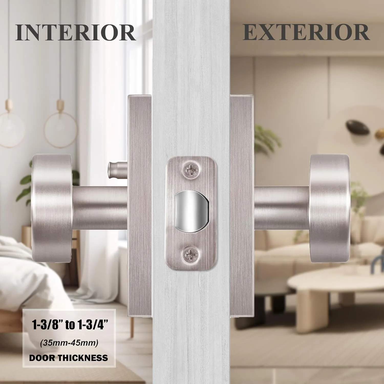 Brushed Nickel Door Knobs Interior with Lock, Modern Privacy Satin Nickel Door Knob Door Handles for Bathroom Bedroom Rectangle
