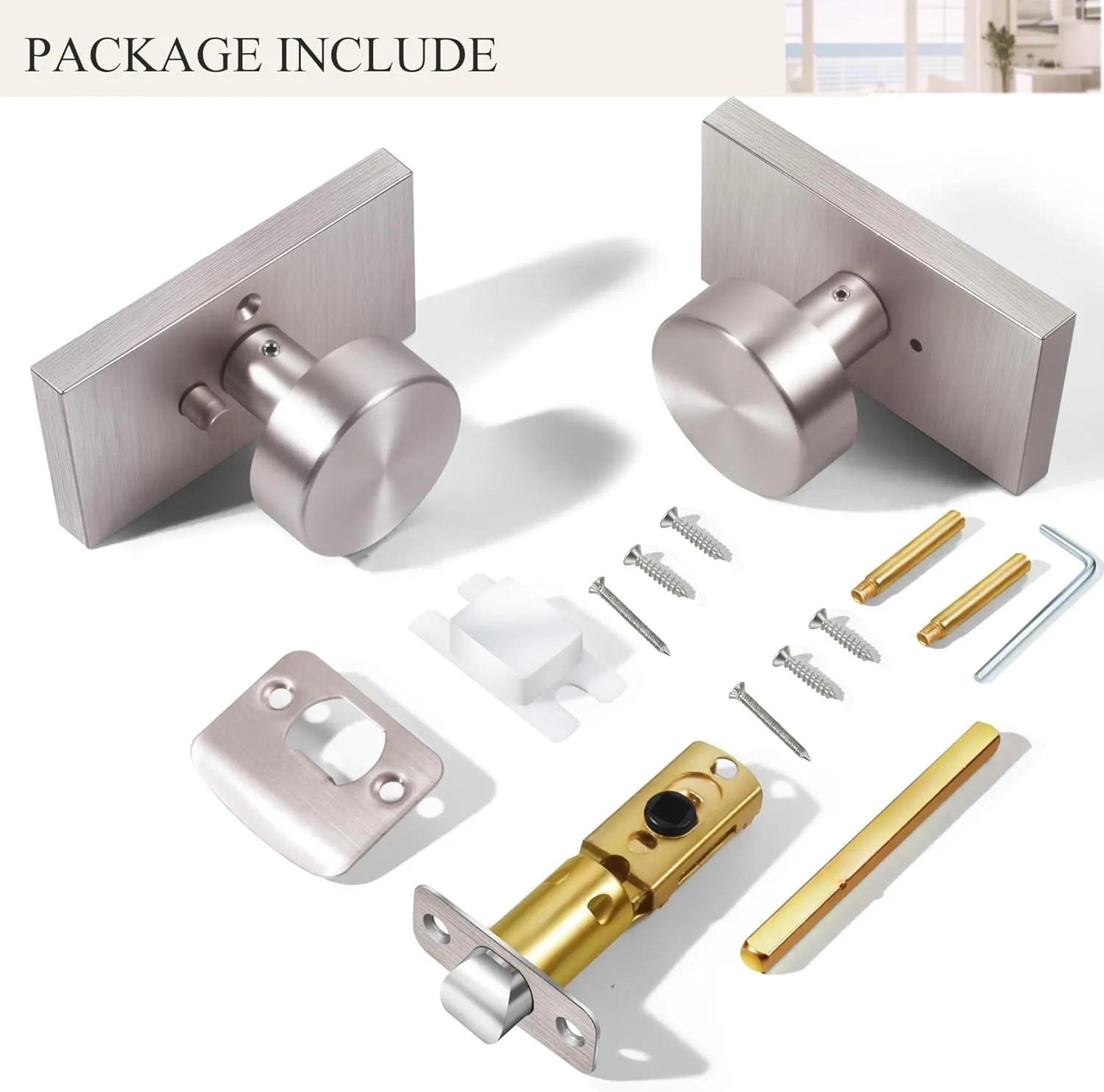 Brushed Nickel Door Knobs Interior with Lock, Modern Privacy Satin Nickel Door Knob Door Handles for Bathroom Bedroom Rectangle