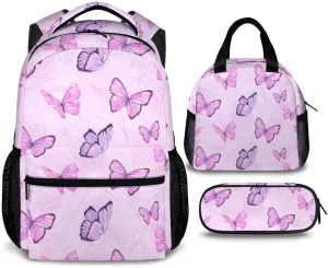 Butterfly School Backpack, Backpacks Lunch Box for Kids Girls 3 in 1 Elementary Lightweight Cute Bookbag Pencil Case for School Travel