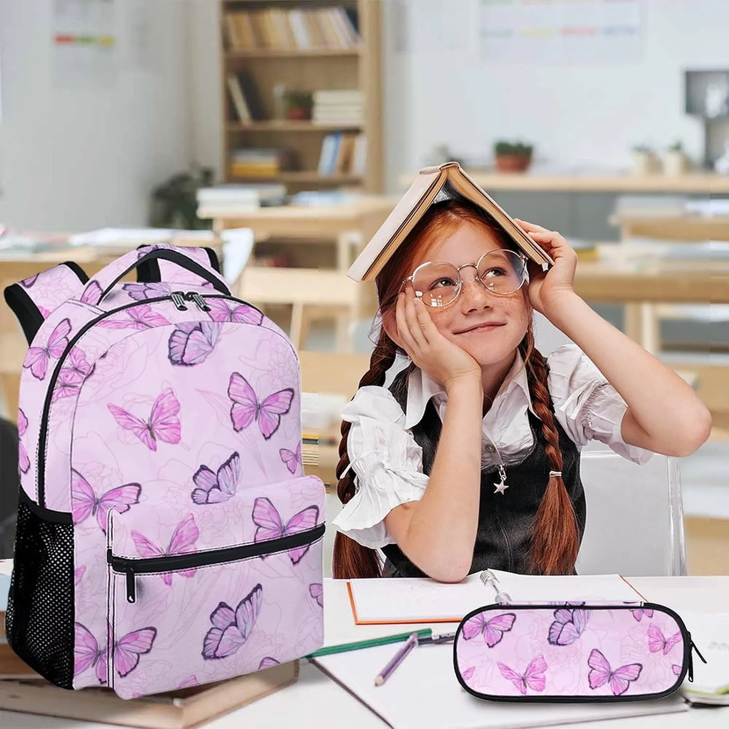 Butterfly School Backpack, Backpacks Lunch Box for Kids Girls 3 in 1 Elementary Lightweight Cute Bookbag Pencil Case for School Travel