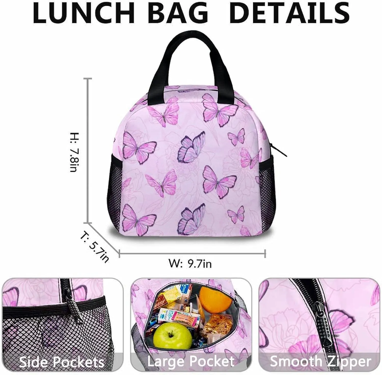 Butterfly School Backpack, Backpacks Lunch Box for Kids Girls 3 in 1 Elementary Lightweight Cute Bookbag Pencil Case for School Travel