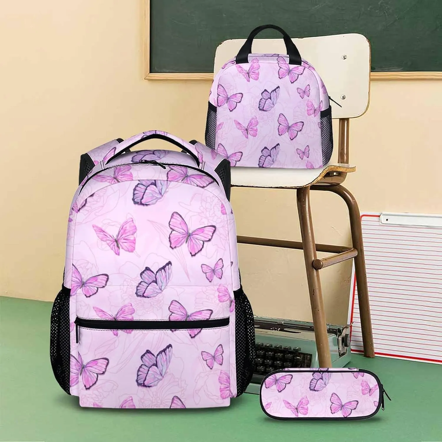 Butterfly School Backpack, Backpacks Lunch Box for Kids Girls 3 in 1 Elementary Lightweight Cute Bookbag Pencil Case for School Travel