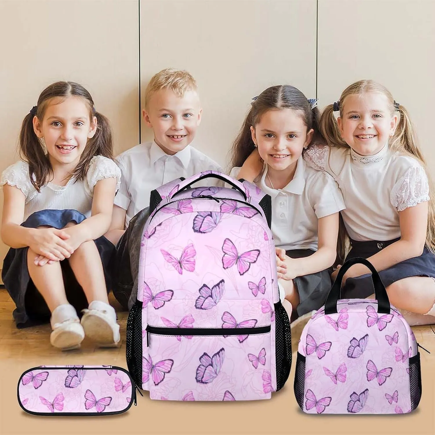 Butterfly School Backpack, Backpacks Lunch Box for Kids Girls 3 in 1 Elementary Lightweight Cute Bookbag Pencil Case for School Travel