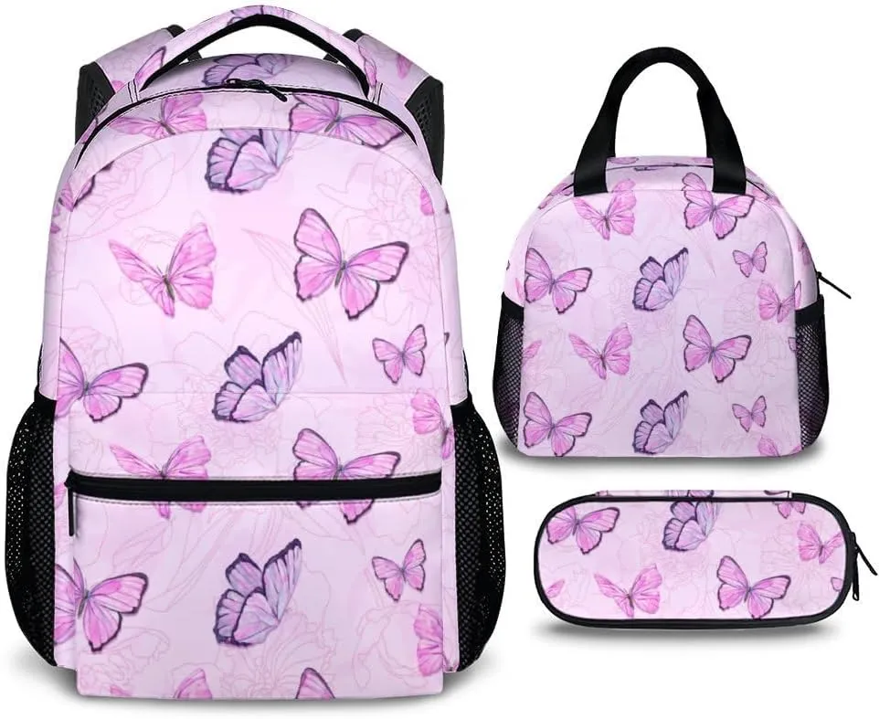 Butterfly School Backpack, Backpacks Lunch Box for Kids Girls 3 in 1 Elementary Lightweight Cute Bookbag Pencil Case for School Travel