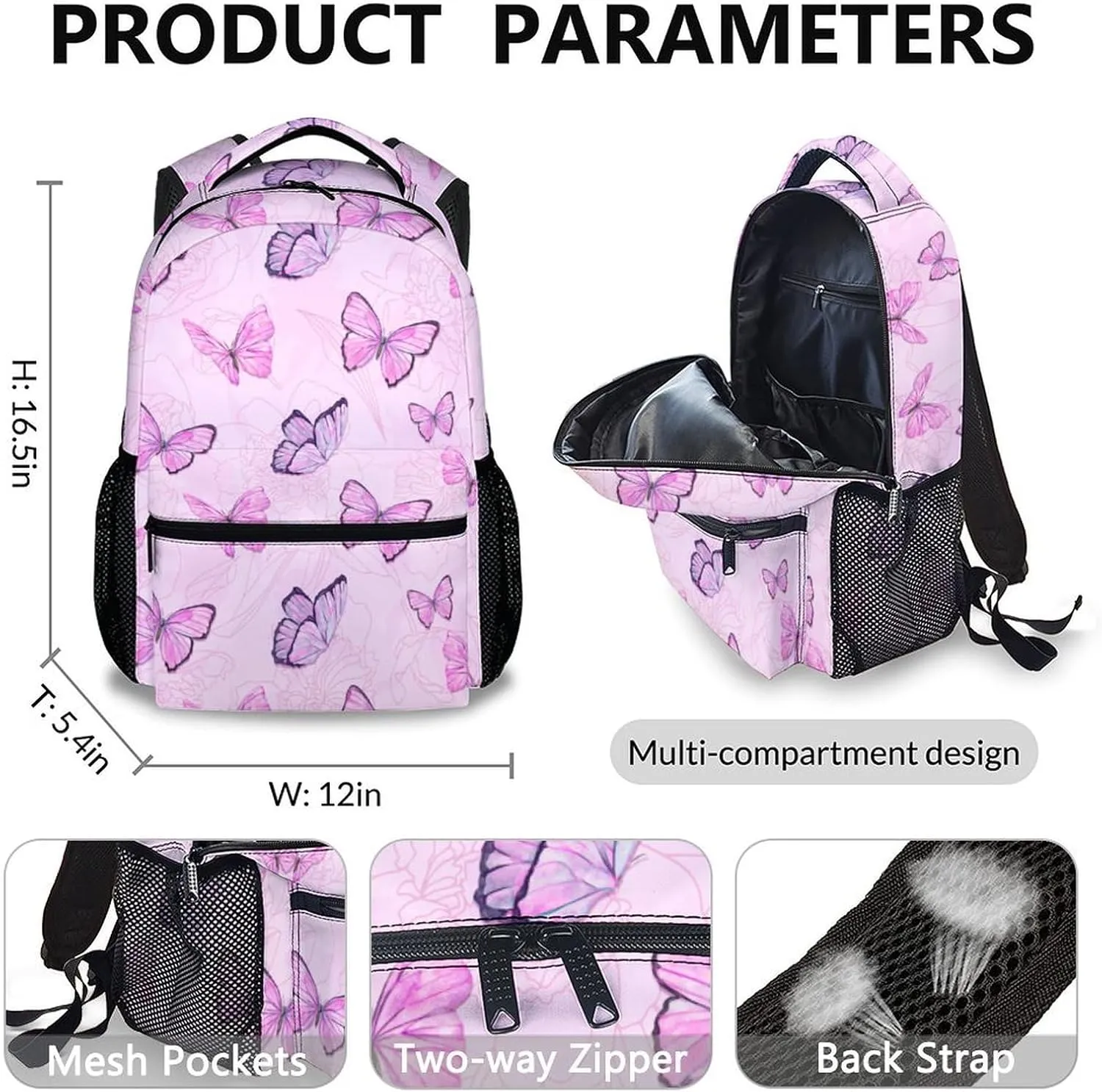 Butterfly School Backpack, Backpacks Lunch Box for Kids Girls 3 in 1 Elementary Lightweight Cute Bookbag Pencil Case for School Travel