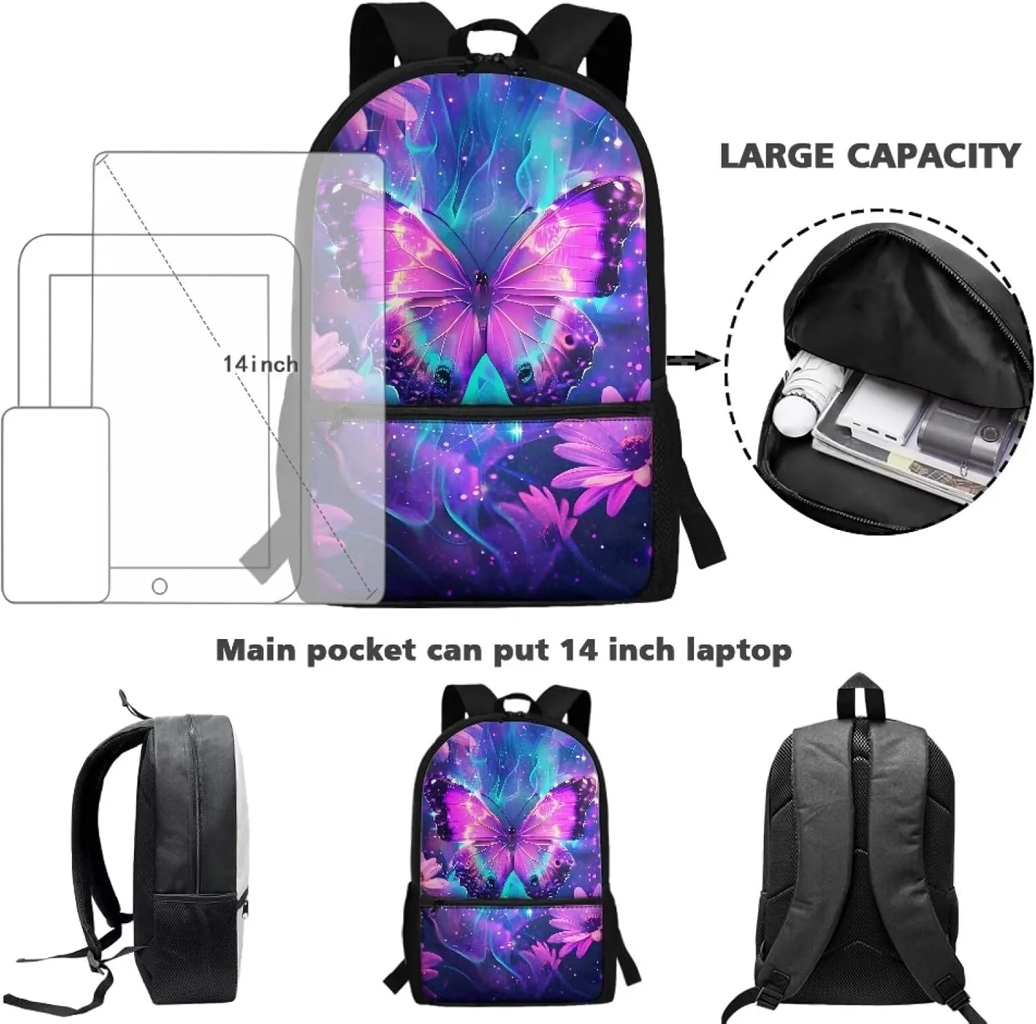 Butterfly School Backpack for Girls 10-12 6 Th Grade School Bag Elementary Middle School Large Book Bags Flowers 17 Inch Travel Laptop Bag Lightweight Camping Backpacks Rucksack