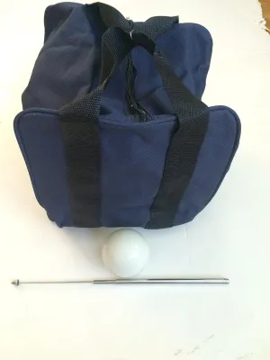 BuyBocceBalls Unique Bocce Accessories Package - Extra Heavy Duty Nylon Bocce Bag (Blue with Black Handles), White pallina, Extendable Measuring Device
