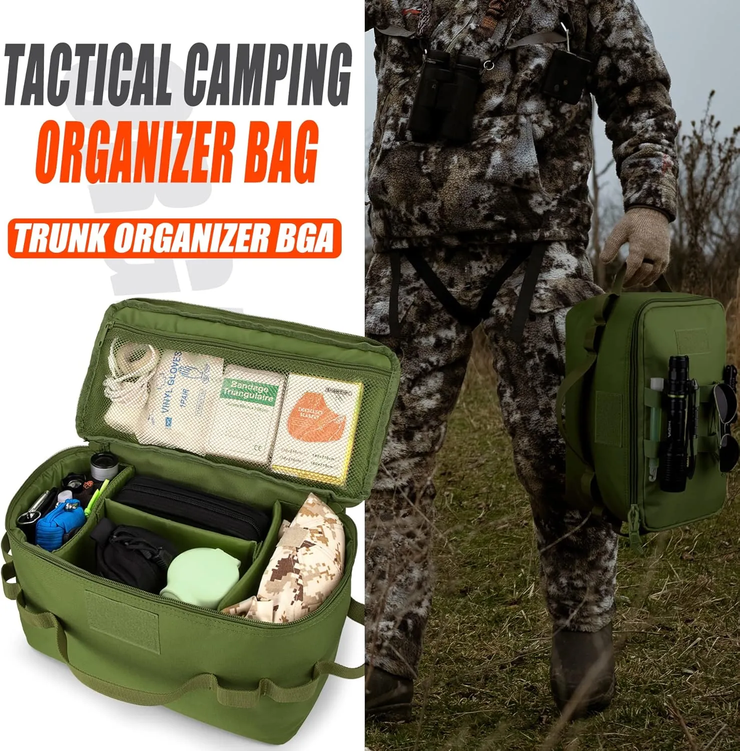 bvya Tactical Camping Storage Bag 11 Liters Outdoor Utility Tote Bag Camping Cookware Organizer Trunk Organizer with Flag Patch