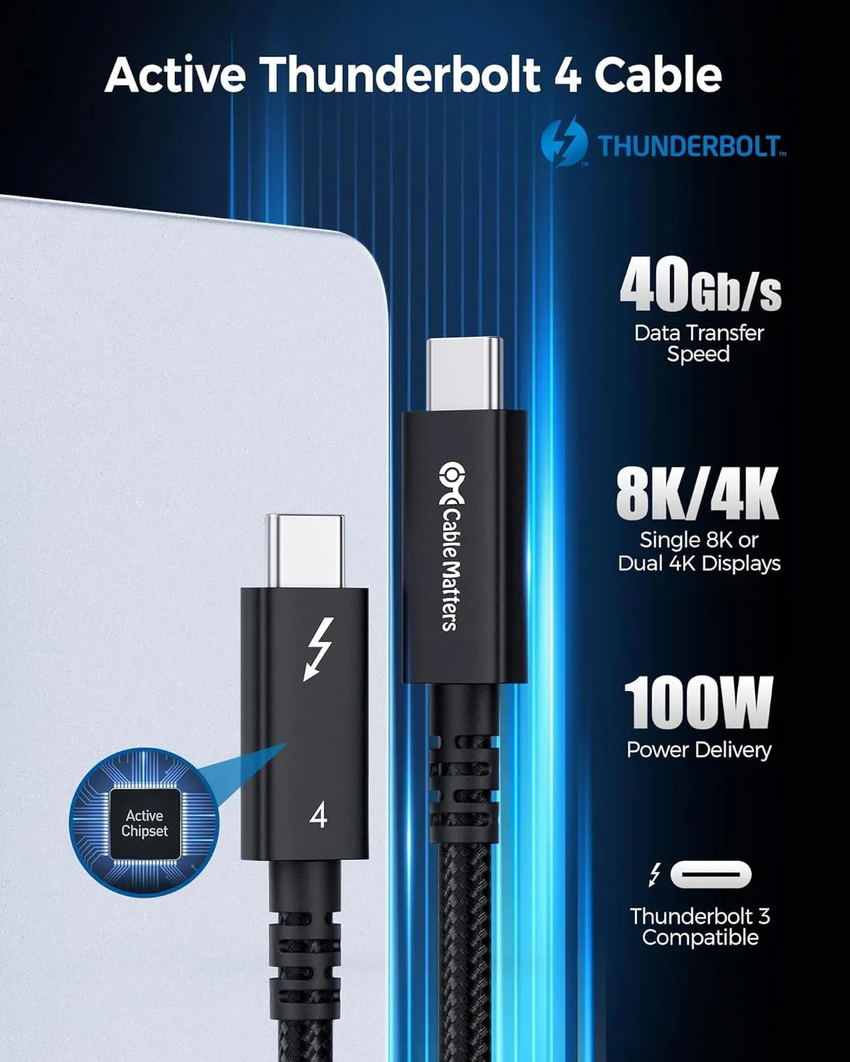 Cable Matters [Intel Certified] Braided 40Gbps Active Thunderbolt 4 Cable 6.6 ft with 100W Charging Power Delivery and 8K Video - Fully Compatible with Thunderbolt 3, USB 4 / USB4, and USB C Port