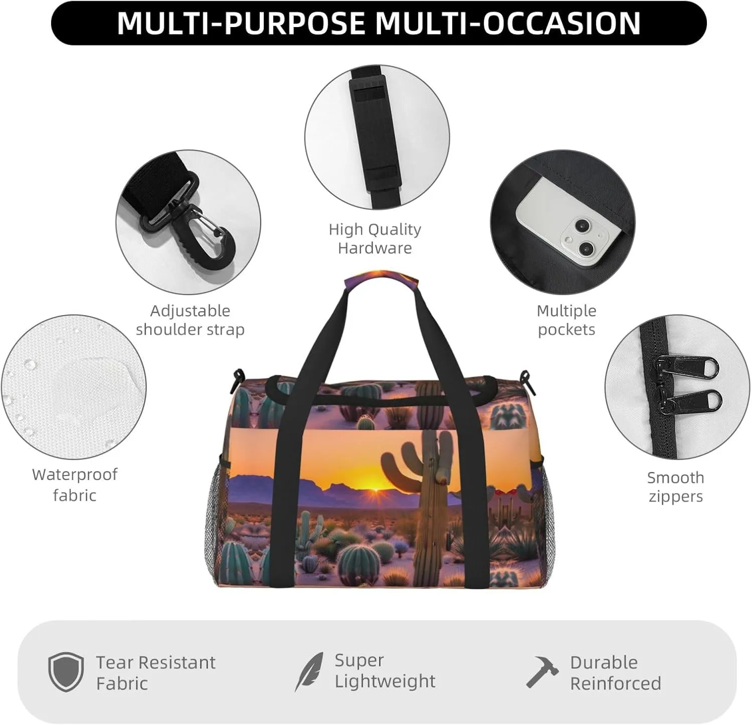 Cactus Desert Sunsets Travel Duffel Bag With Zippers And Handles, Big Foldable Duffle Bag For Family Vacations