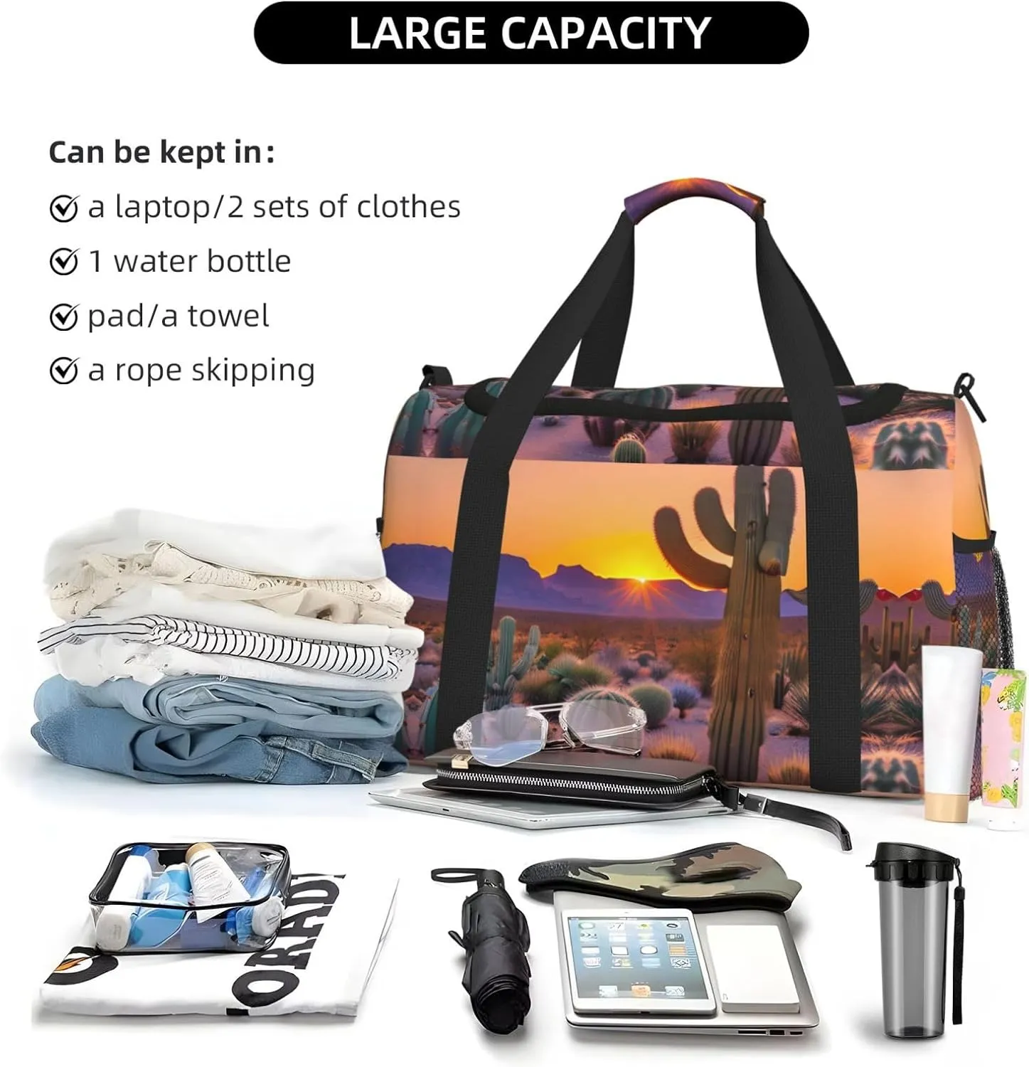 Cactus Desert Sunsets Travel Duffel Bag With Zippers And Handles, Big Foldable Duffle Bag For Family Vacations