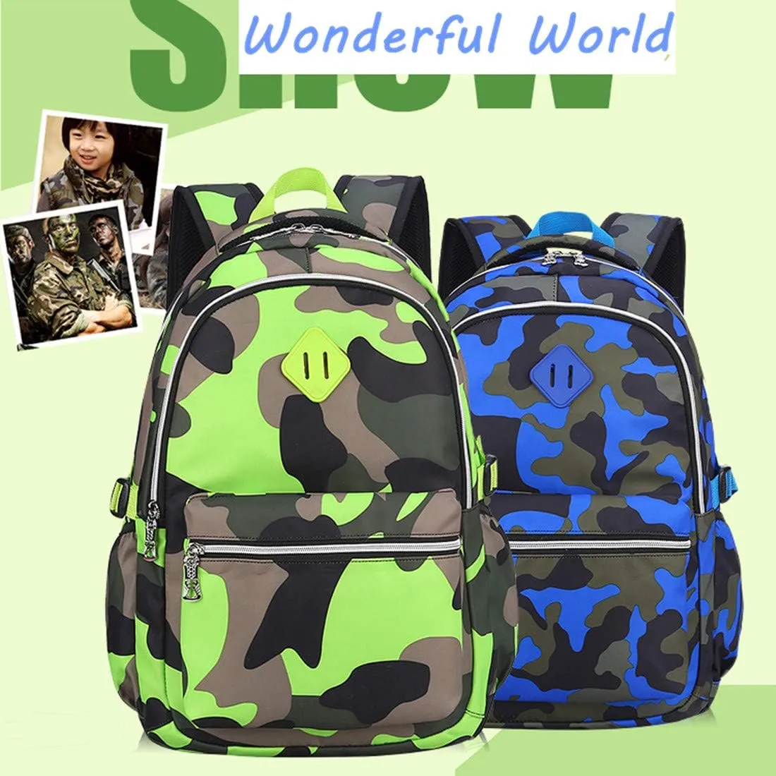 Camo School Backpack Lightweight Schoolbag Travel Camp Outdoor Daypack