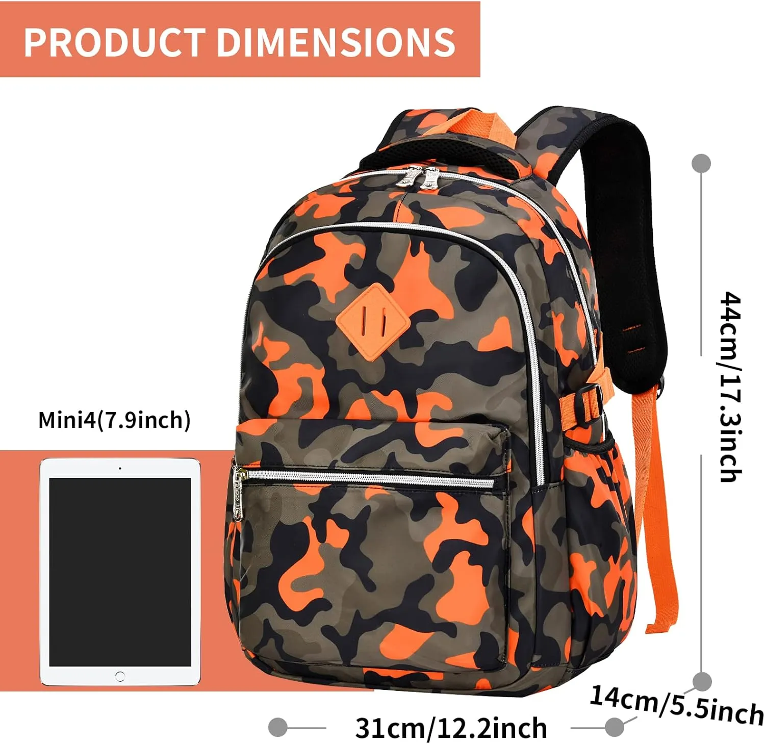 Camo School Backpack Lightweight Schoolbag Travel Camp Outdoor Daypack