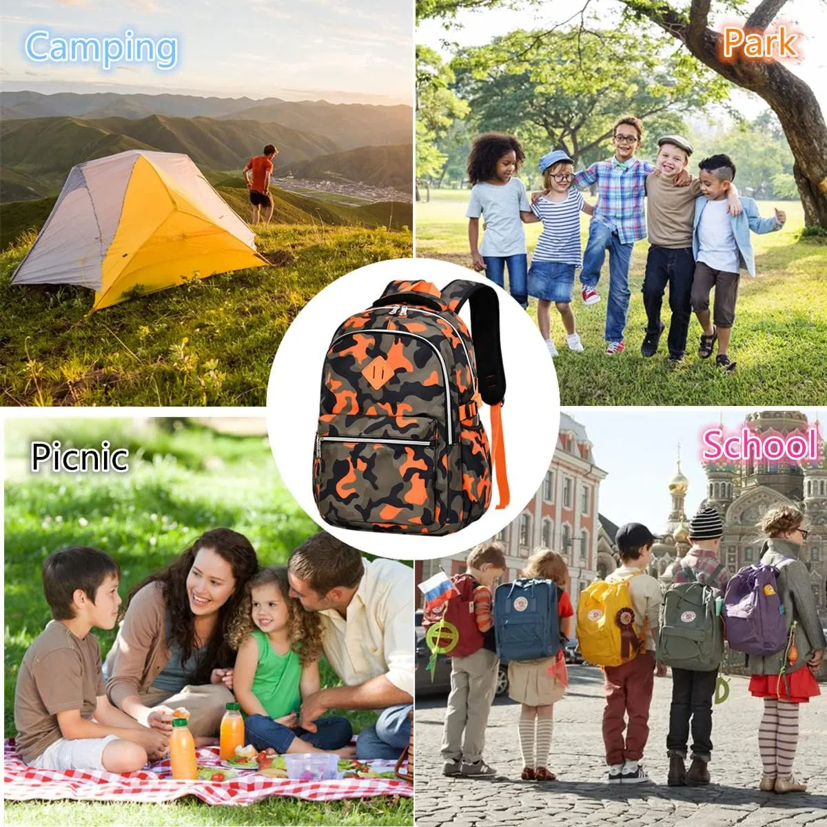 Camo School Backpack Lightweight Schoolbag Travel Camp Outdoor Daypack
