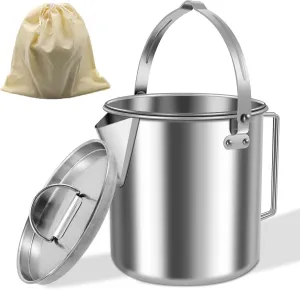 Camping Tea Kettle, Portable 1.2L Stainless Steel Coffee Pot with Handles and Lids, Outdoors Camping Pot for Hiking Picnic, Backpacking, Hanging Water Pot with Drawstring Bag