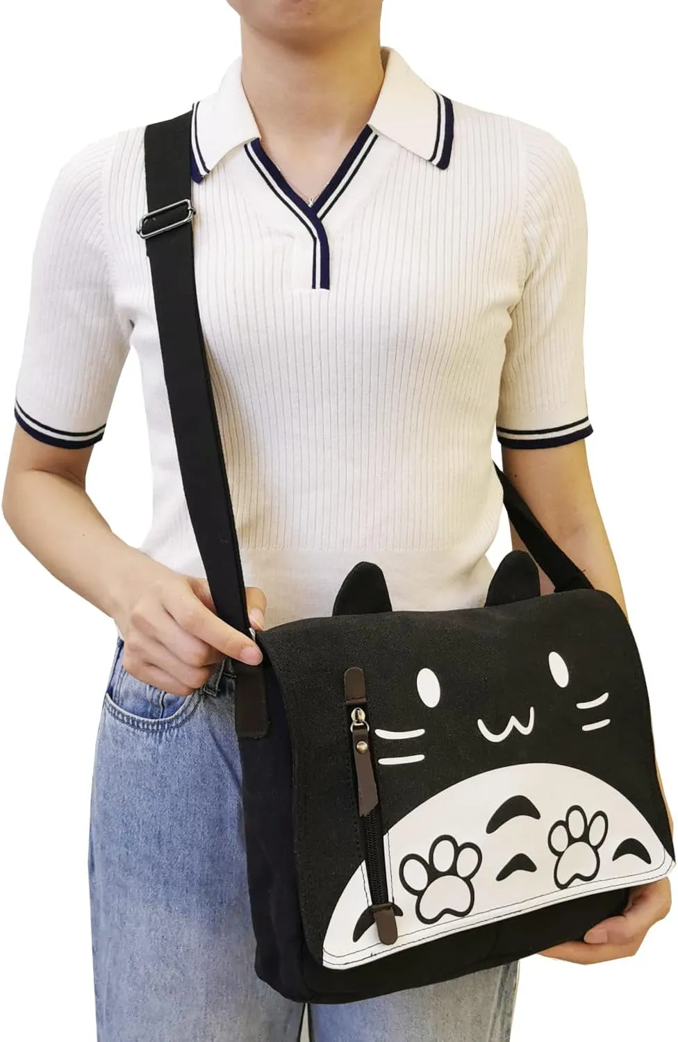 Canvas Cute Cat Kitty Messenger Bag Girls Crossbody Bag Shoulder Bag Cute Satchel School Bag