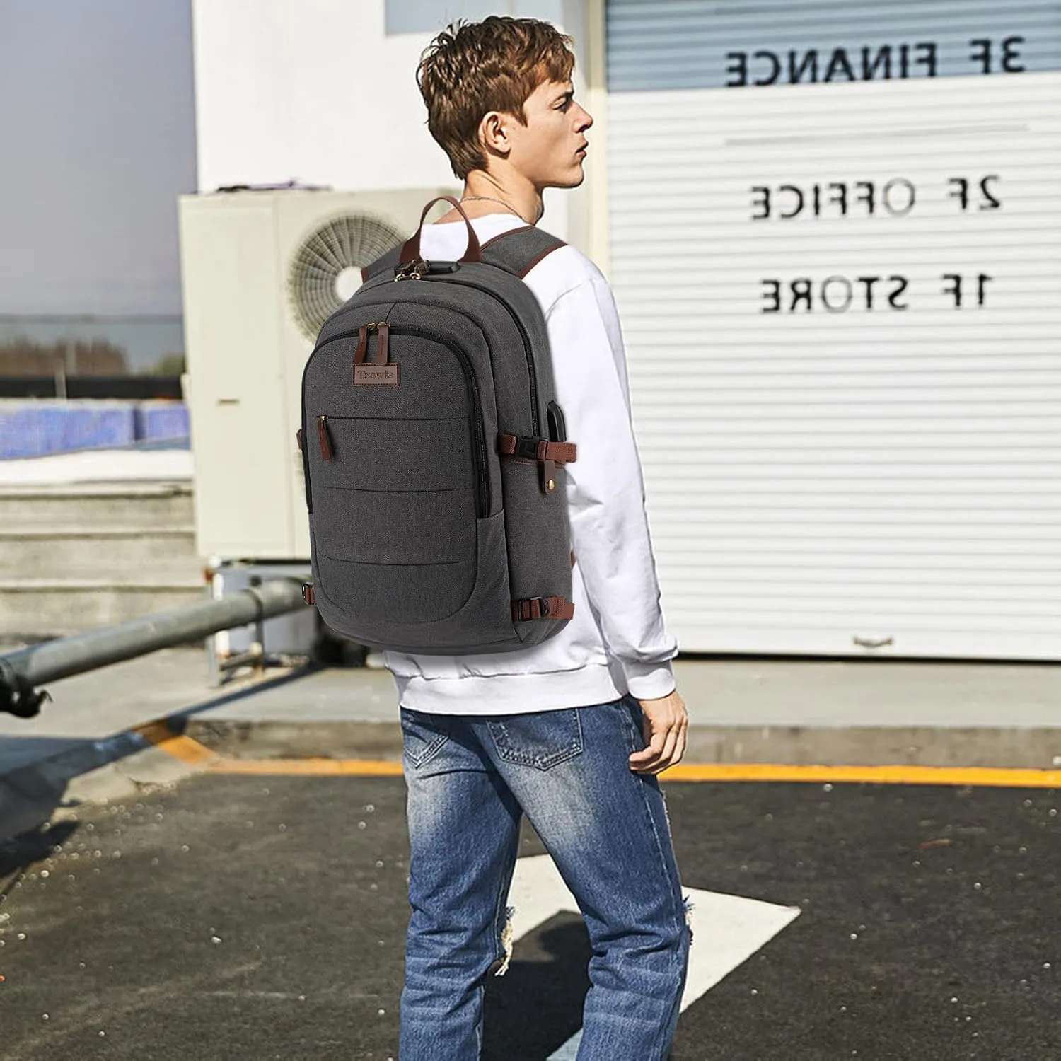 Canvas Laptop Backpack-Anti Theft Bag for Men Women,Rucksack Fits 15.6Inch Laptop, Work Travel with USB Charging Port and Lock