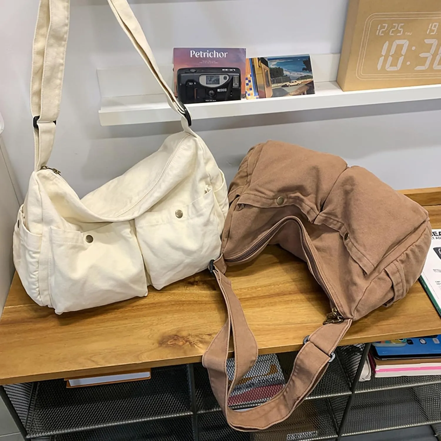 Canvas Messenger Bag Cute Crossbody Tote Bag Shoulder for Women Men for School Aesthetic Hobo with Multiple Pockets