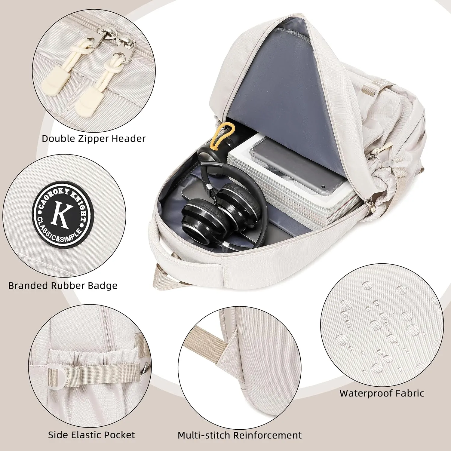Caoroky knight laptop backpack 15.6 inch for women men large college bookbag school bag for kids teens girls boys students elementary back pack anti theft travel daypack work business rucksack-Beige